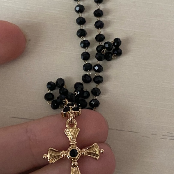 NWOT gold cross necklace with black beading - Picture 4 of 5